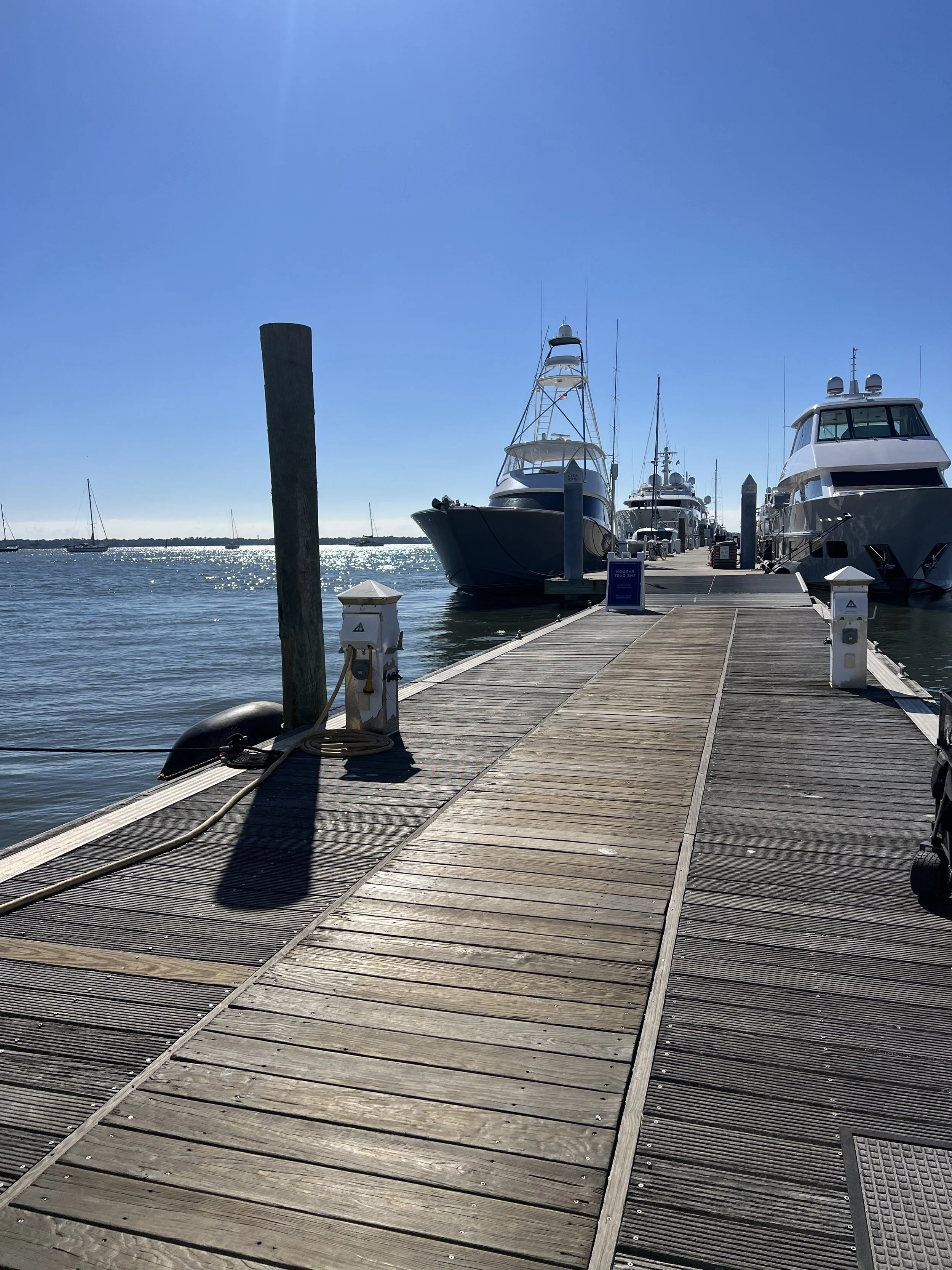 A wooden dock extending into the water, with yachts and boats moored on either side and a clear blue sky overhead.