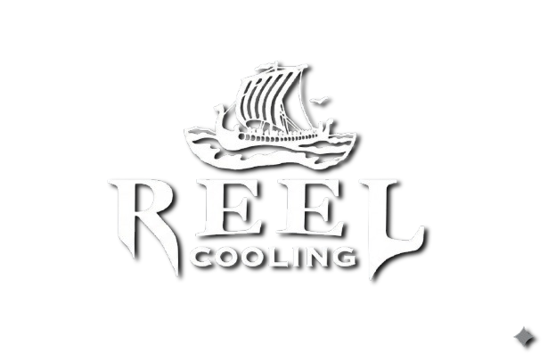 Logo of Reel Cooling featuring a stylized Viking ship above the company name.