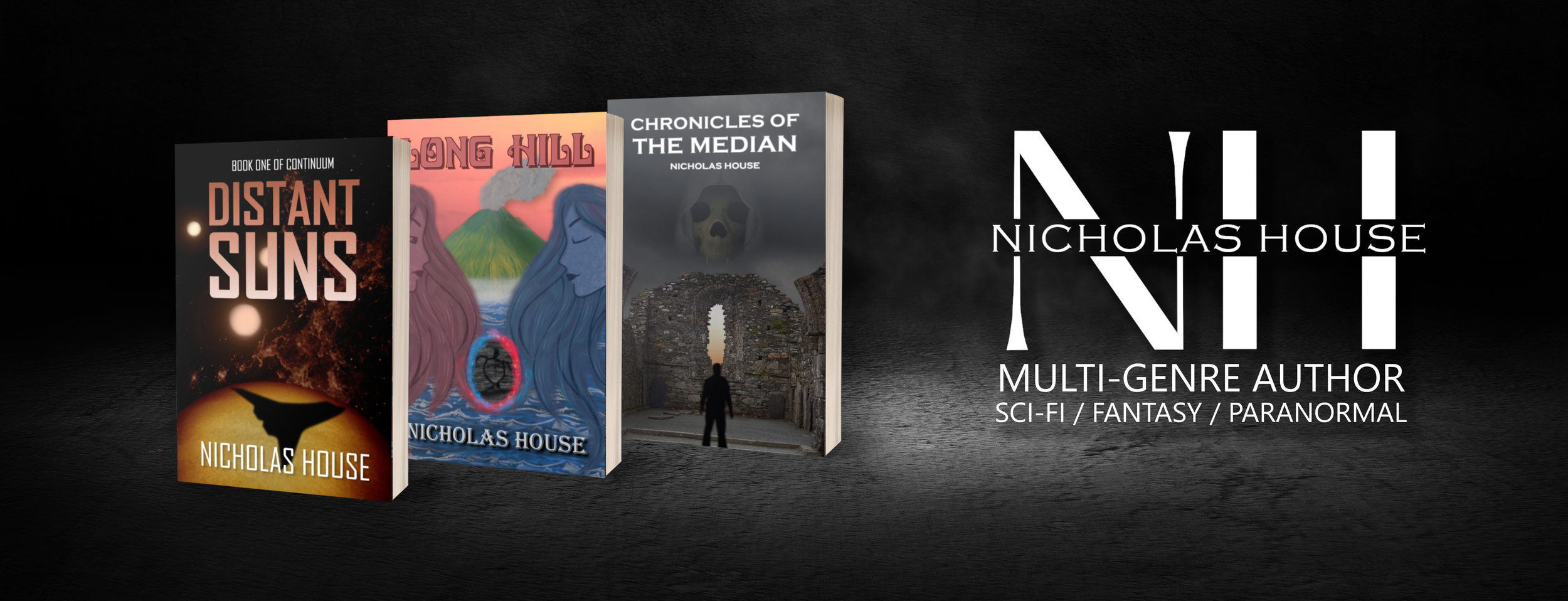 Image showcasing three books by Nicholas House with the author’s name and genres: sci-fi, fantasy, paranormal.