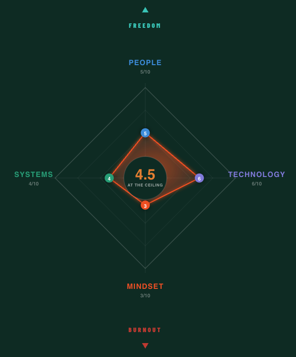 Radar chart with five categories: Freedom, People, Technology, Mindset, and Systems, each with ratings out of 10, and a central score of 4.5.