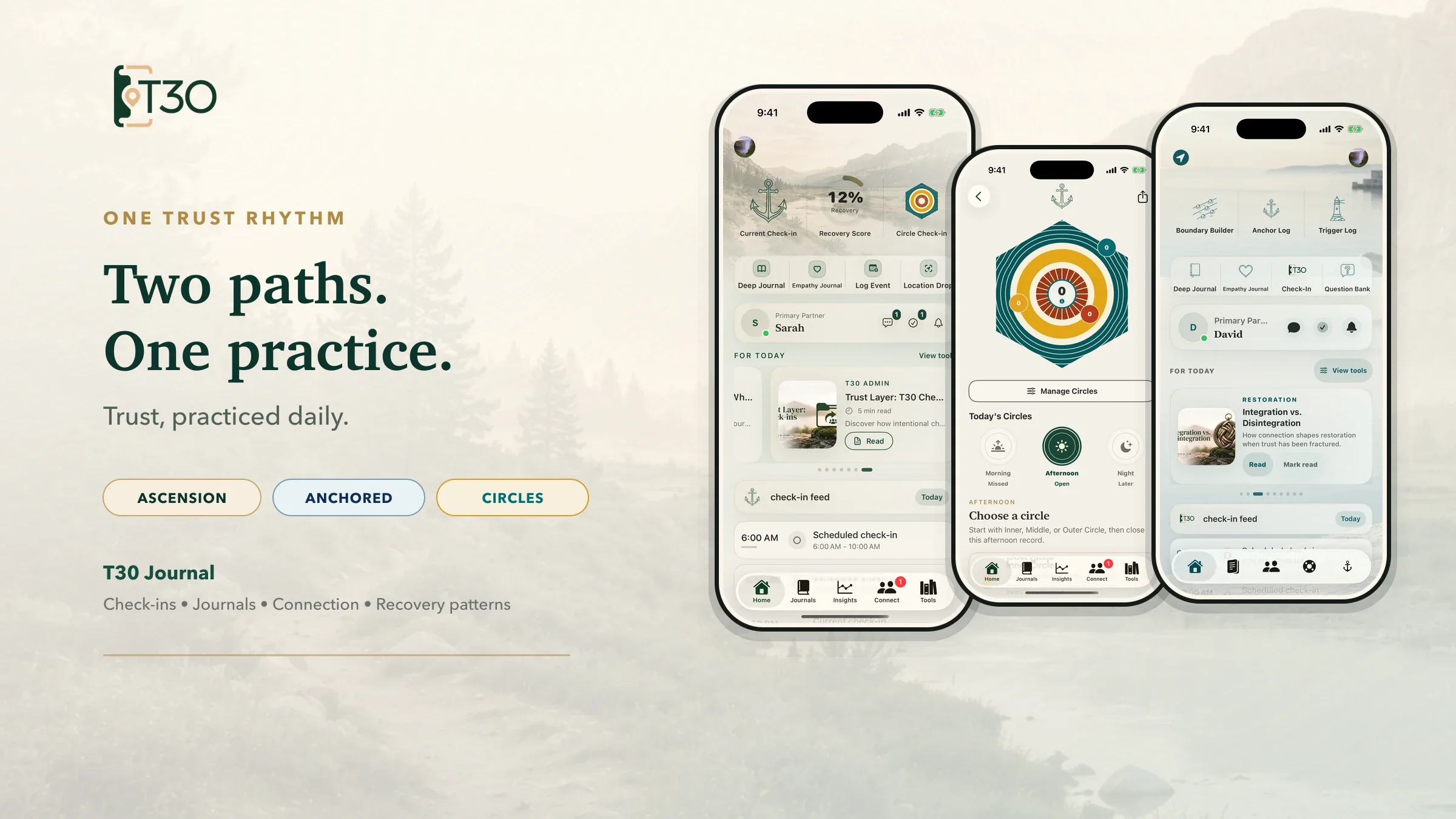 T30 app screens showing Ascension, Circle Check-Ins, and Anchored
