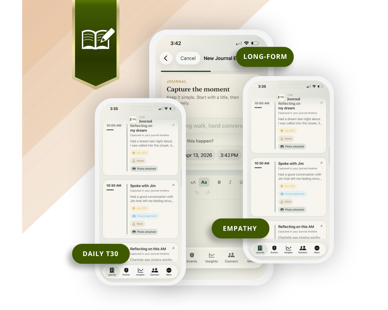 Mobile app screens demonstrating journaling features such as a daily journal, long-form entries, empathy journal, and a journal timeline with notes and attached photos.