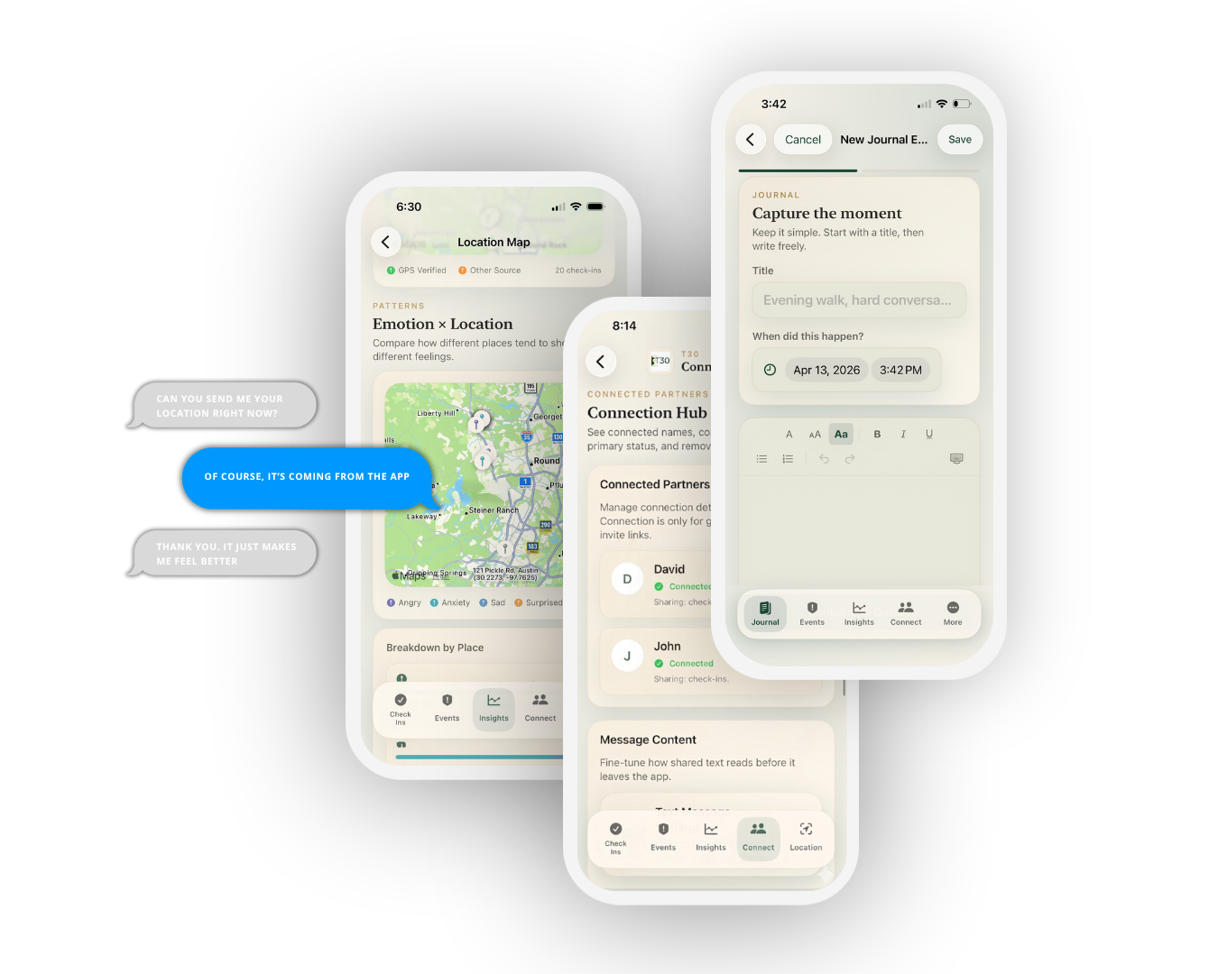 Screenshots of a mobile app showing location maps, connected partners, and journaling features, with dialogue bubbles highlighting the safety from partners who are communicating through the Partner App, and via the in-app messaging features.