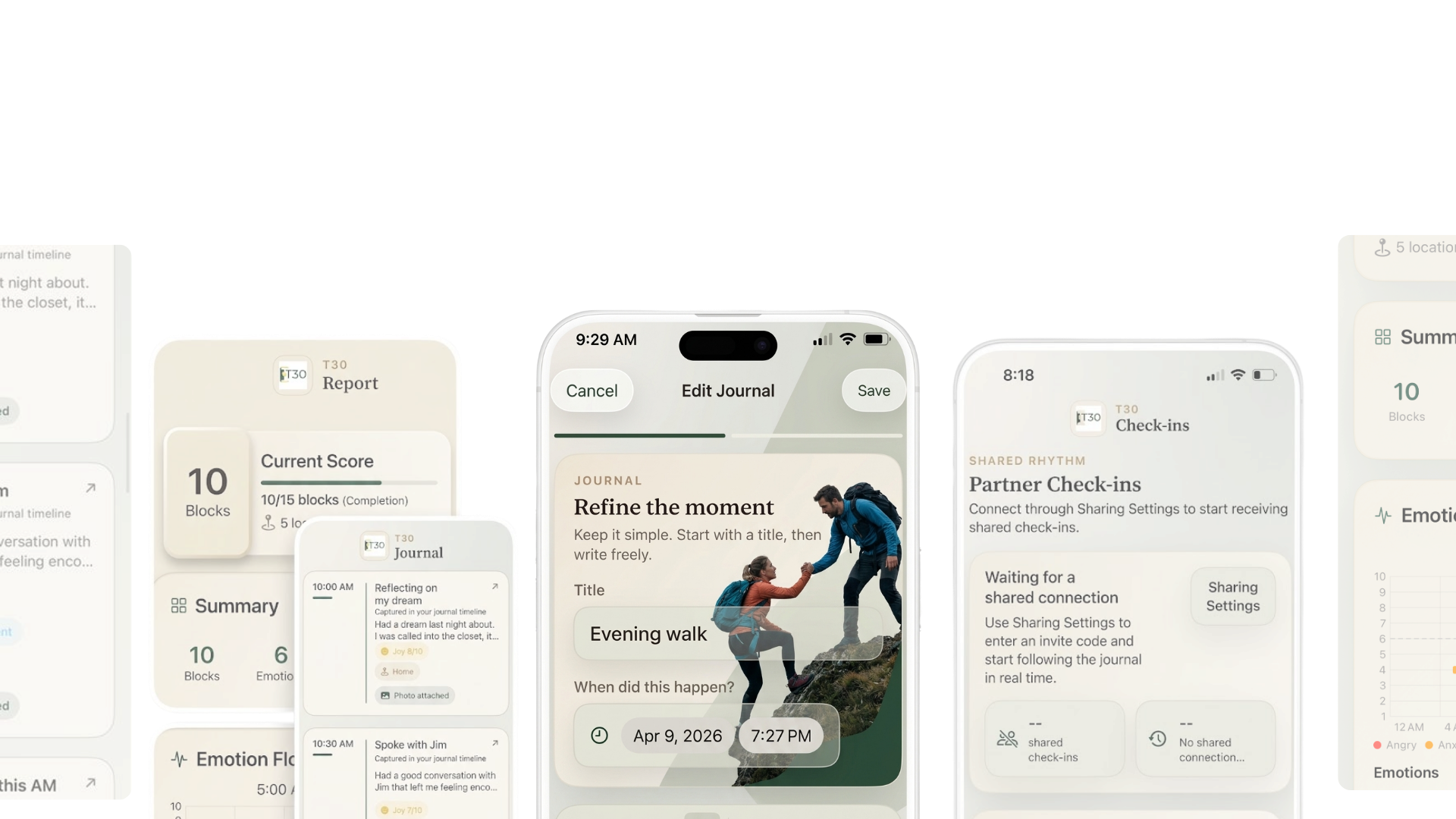 Screenshot of a mobile app interface showing various journal entries, check-ins, and tracking features related to mood, emotions, and activities, with text labels like 'Refine the moment,' 'Partner Check-ins,' and 'Current Score.'
