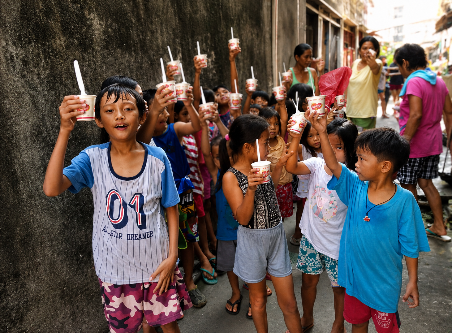 Group of children celebrating with ice cream cups on a narrow street, with a dark wall on one side and other children and adults in the background.