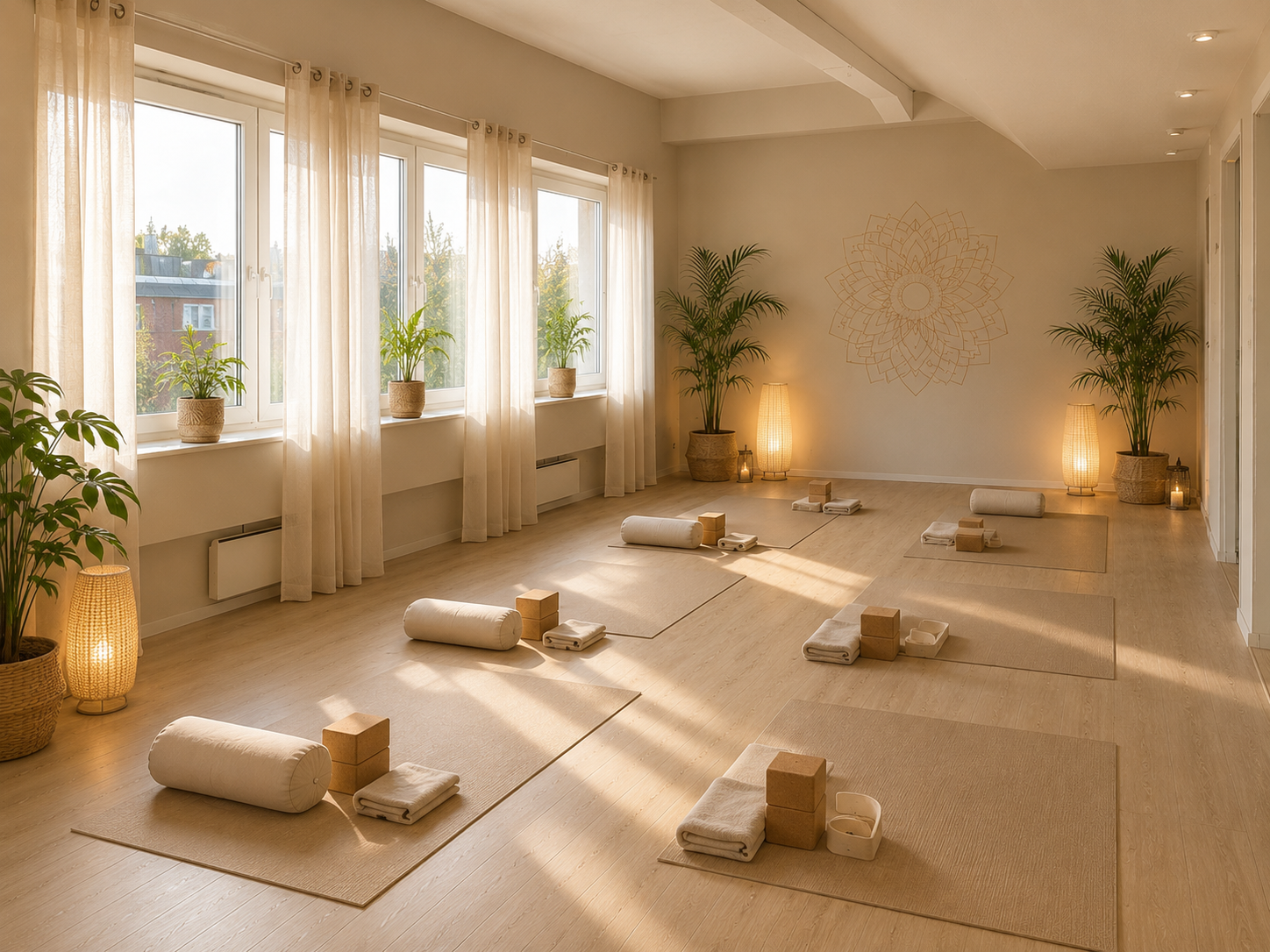 The Lotus Room, a 30 sqm yoga and meditation space for rent in central Oslo.  Illuminated by natural sunlight, large windows and a calming atmosphere.