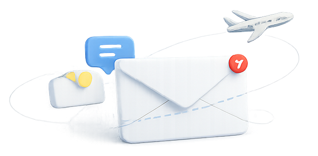 Digital illustration of an email envelope with notification badges, a chat bubble, and an airplane in the background.