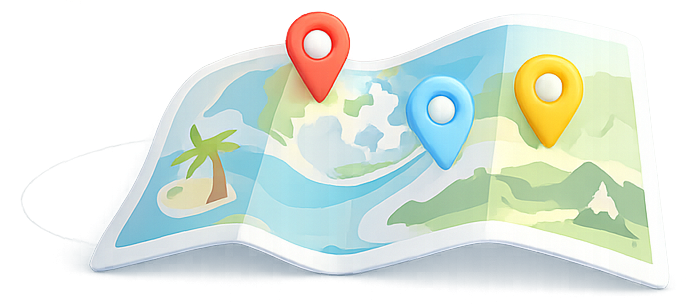 Open travel map with three marked locations using red, blue, and yellow map pins, featuring a palm tree, water, and land.