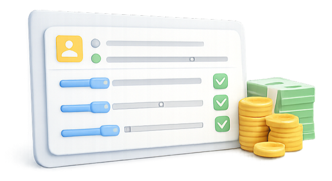 Digital illustration of a user profile and settings interface with checkmarks, alongside stacks of cash and gold coins.