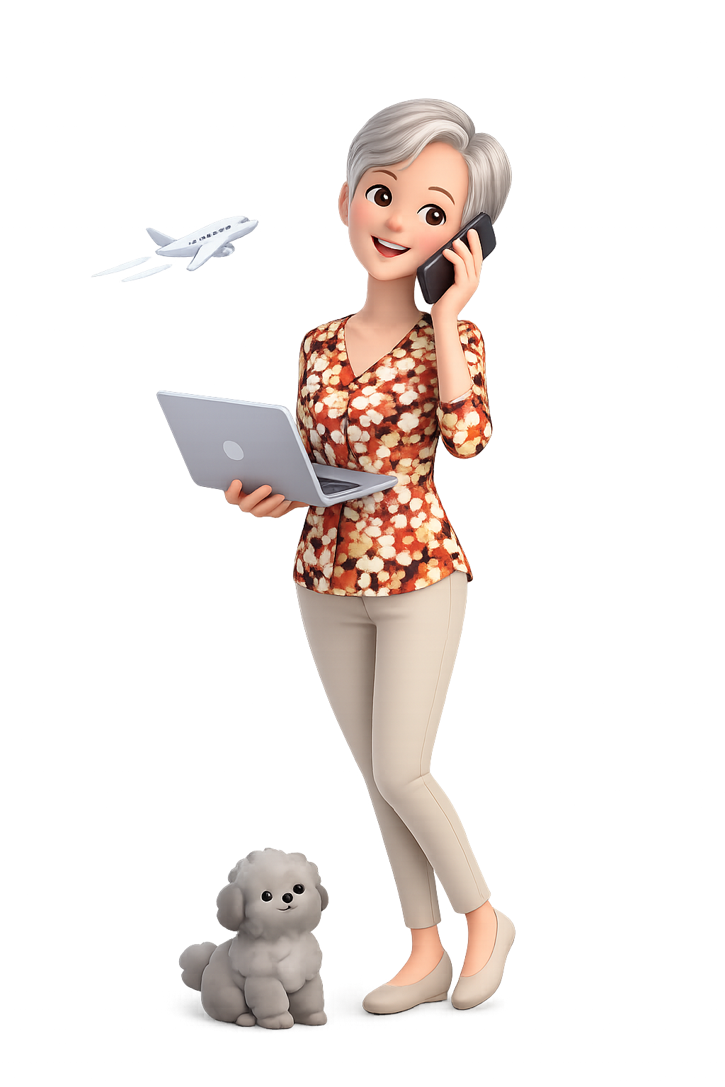 An animated woman with gray hair is talking on a mobile phone while holding a laptop. She is smiling. A small, cute dog sits at her feet.