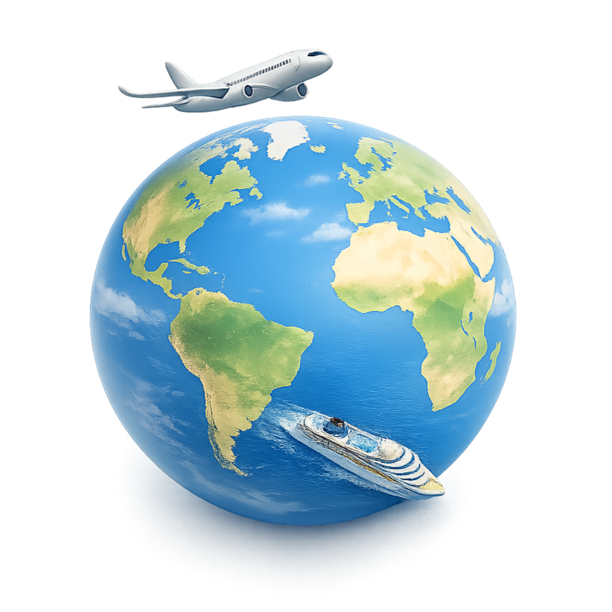 An illustration of Earth with a cruise ship sailing near the South Atlantic Ocean and an airplane flying above.