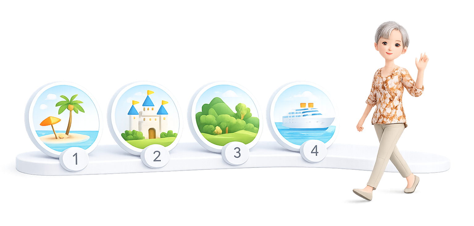 A person with gray hair and casual clothing, waving, standing beside a numbered sequence of images from 1 to 4. The images depict a tropical island with a palm tree and umbrella, a castle with blue roofs, a green hilly landscape, and a cruise ship on water.