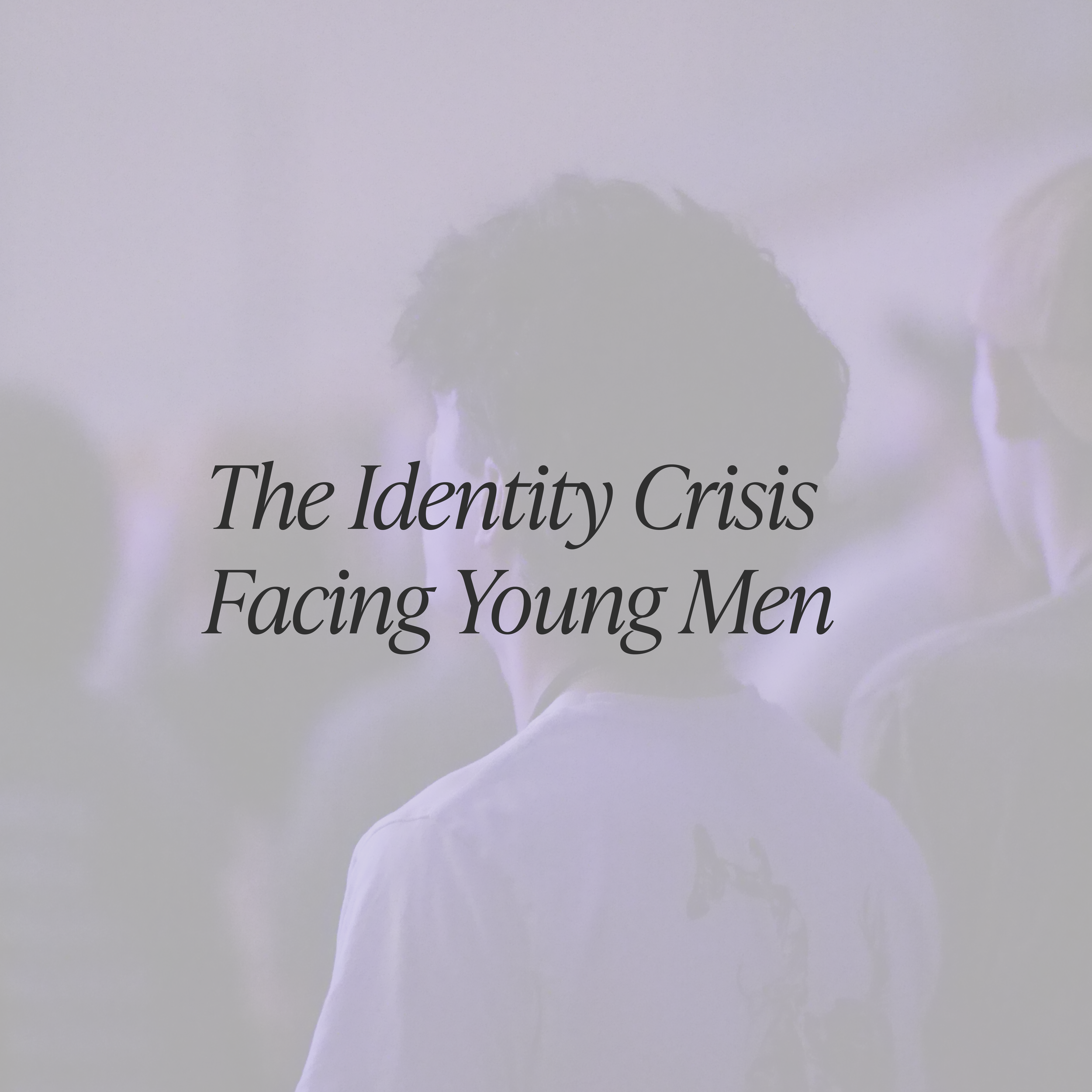 The image shows a book title page with the title 'The Identity Crisis Facing Young Men' and a person's silhouette in the background.