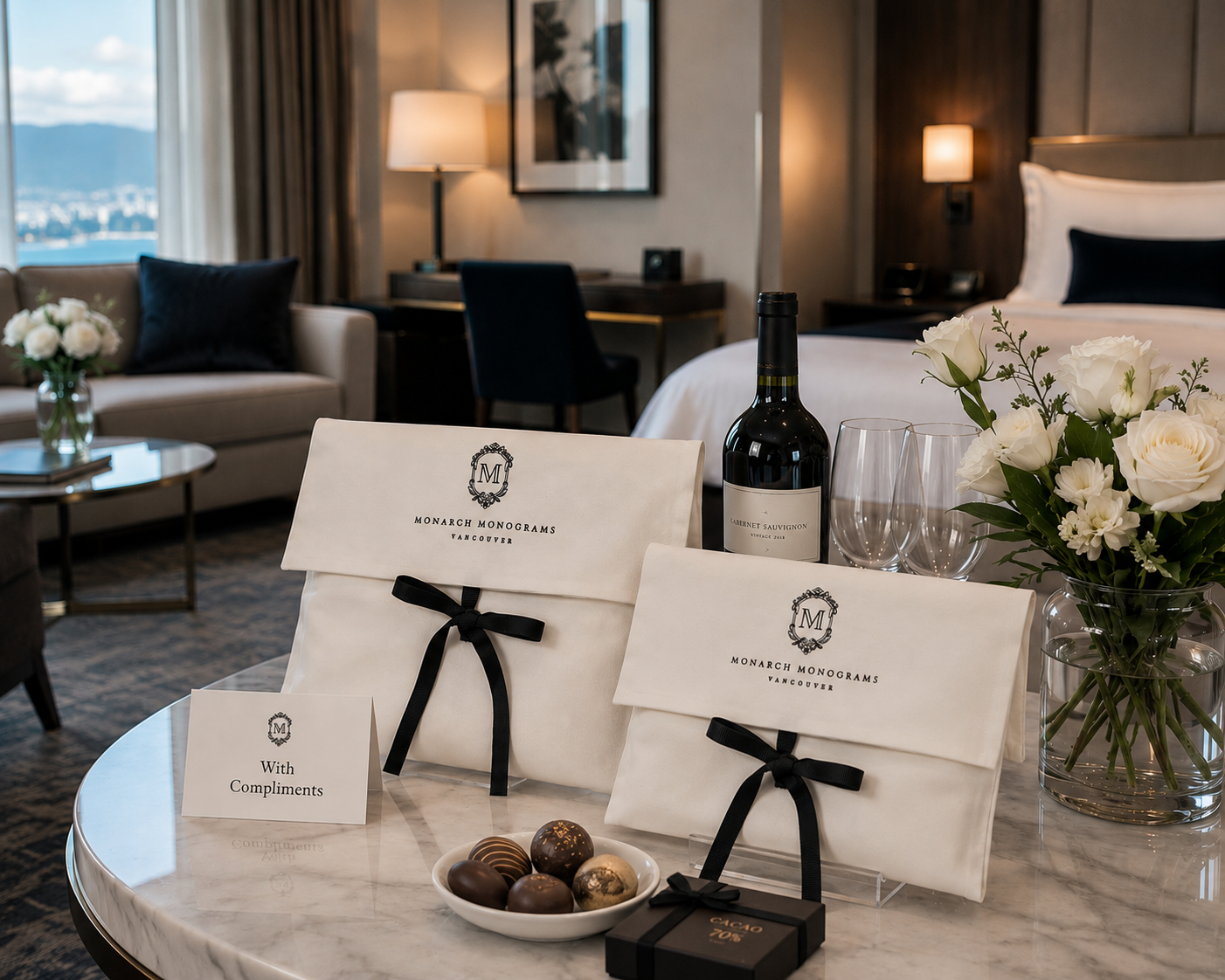 A hotel room with a round marble table displaying Monogram Monograms Vancouver gift bags, a bottle of Cabernet Sauvignon wine, wine glasses, a tray of assorted chocolates, and a small black box, with a vase of white flowers, a card that says "With Compliments," a bed with white linens and black pillows, a sofa with dark pillows, and a desk with a lamp and a framed picture in the background.