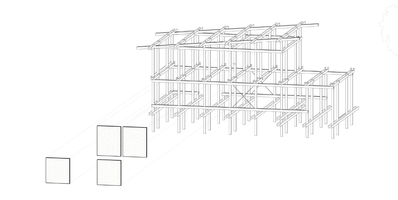 Black and white architectural drawing of a multi-story building framework with four square panels in the foreground.