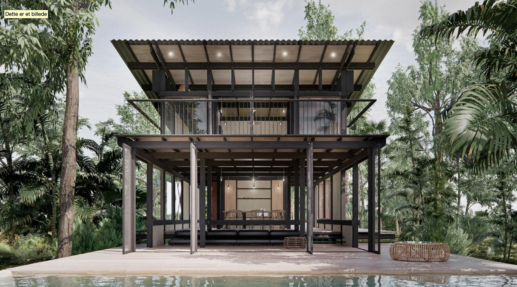 Modern two-story house with large glass windows and a sloped roof, surrounded by lush tropical trees, with a pool in the foreground.