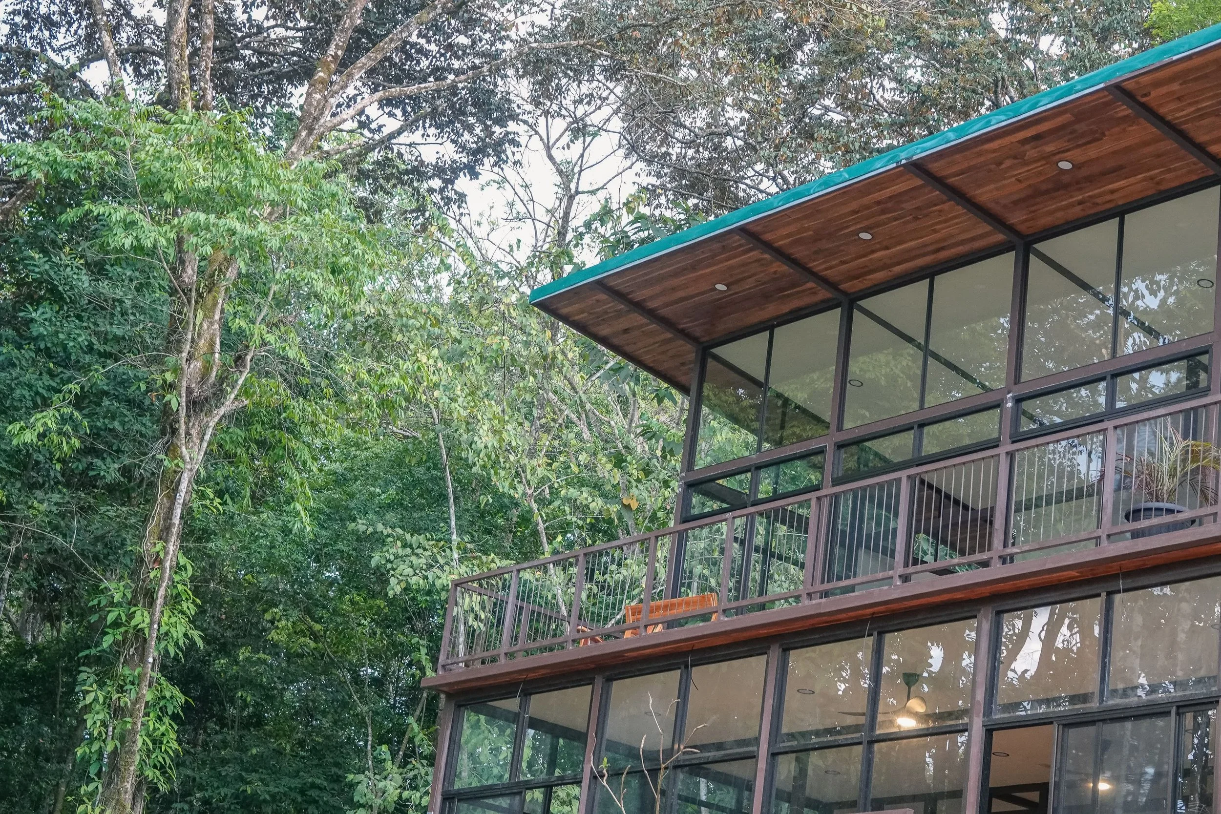 Modern multi-story house surrounded by lush green trees, with large glass windows and balconys with black metal railings.