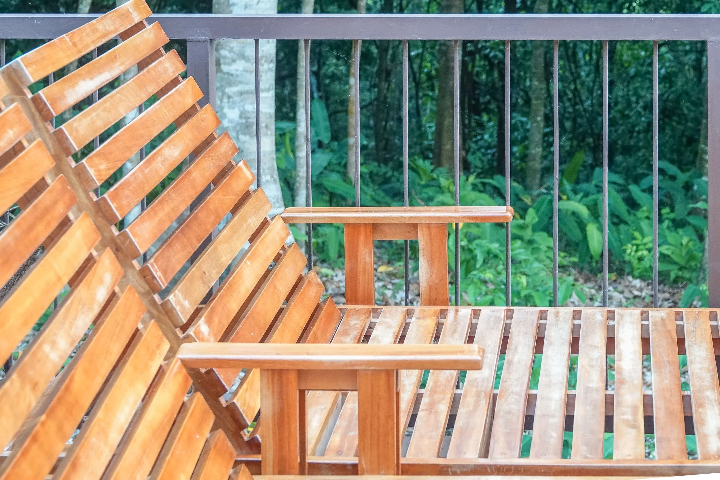 Two wooden outdoor chairs on a balcony with a glass and metal railing, overlooking a lush green forest.