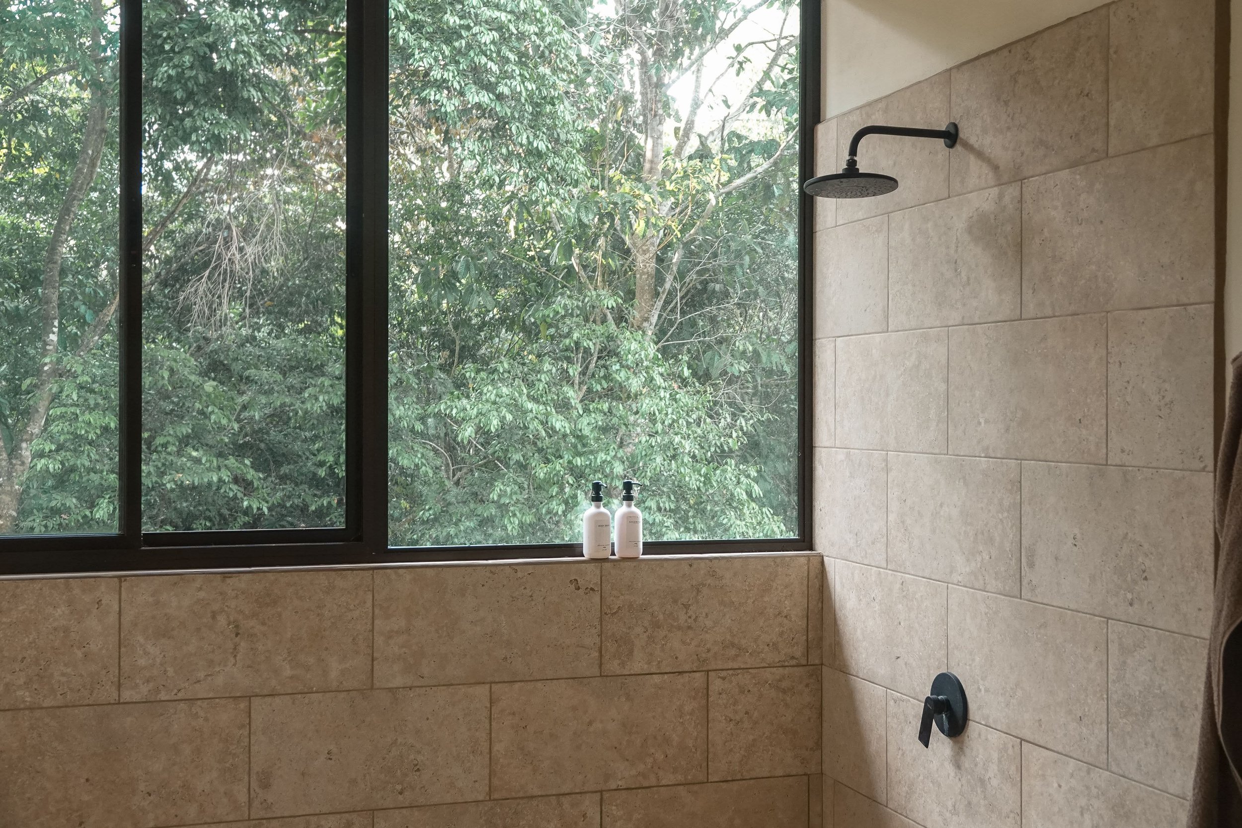 A minimalist shower area with beige tiled walls, a black rainfall showerhead, black faucet handle, and two white bottles on the window ledge. Large windows with black frames reveal green foliage outside.