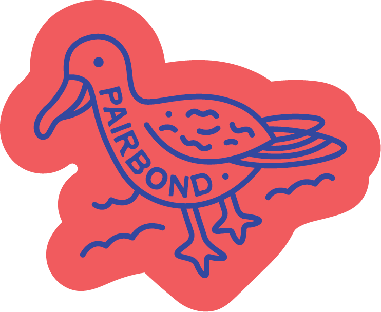 A cartoon illustration of an albatross with the word "PAIRBOND" on its body, standing on water with waves around it, set against a pink background.