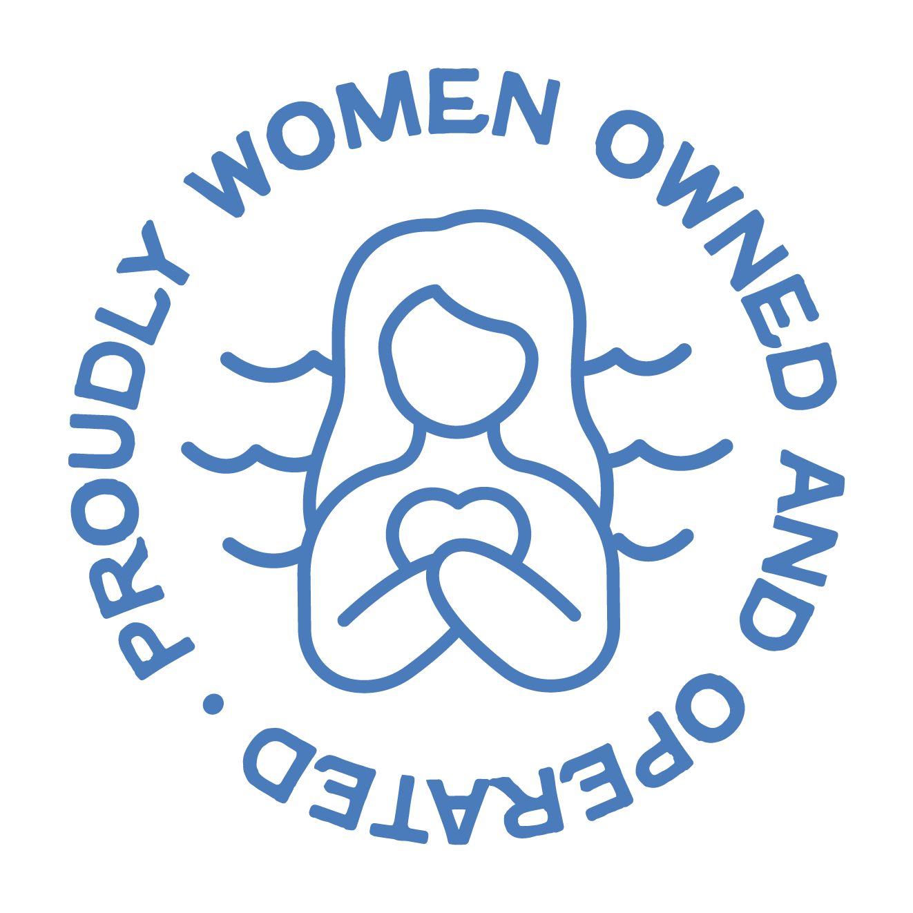 Line drawing of a woman with long hair holding a heart, surrounded by the text 'Prepared by Proudly Women Owned and Operated' in a circular arrangement.