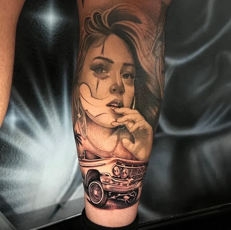 Tattoo of a woman with styled hair and hoop earrings, holding her finger near her lips, with a classic car below.