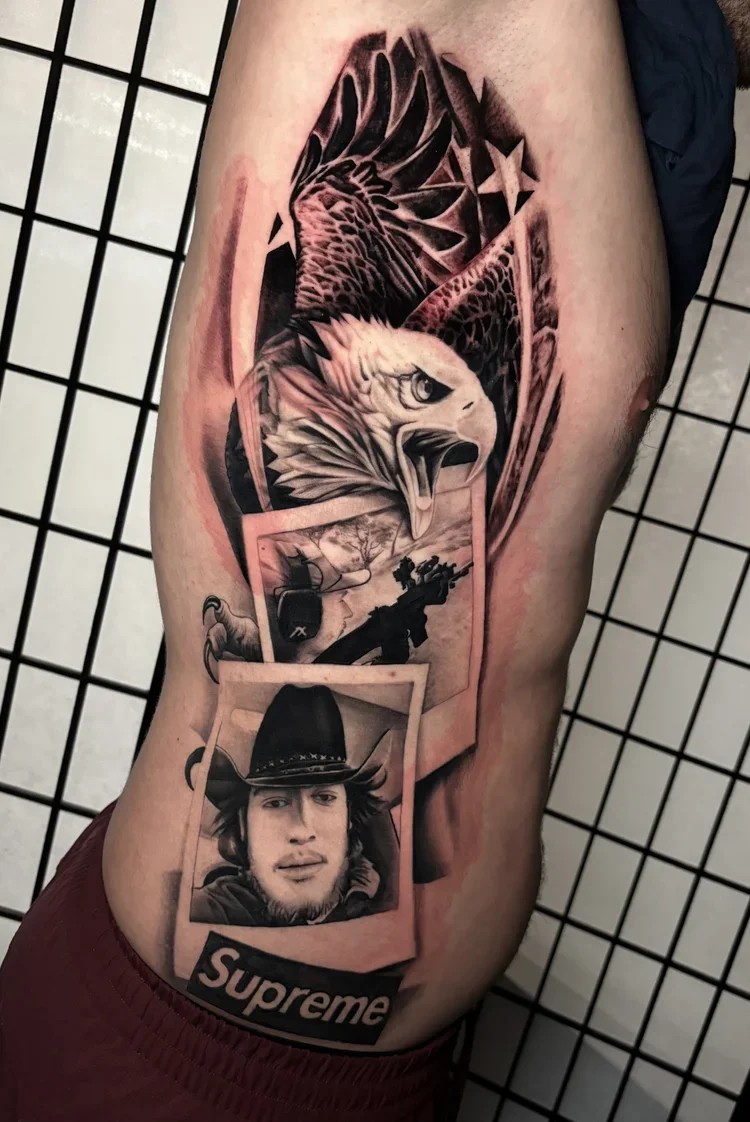 A tattoo sleeve featuring an eagle head, two Polaroid-style photos of a man wearing a cowboy hat, and the Supreme logo at the bottom.