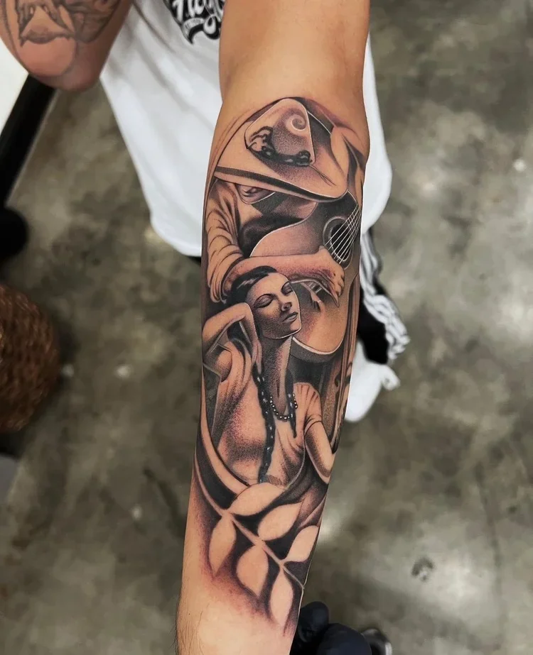 Black and gray tattoo of a woman with a braid, necklace, and relaxed pose on forearm, with abstract and artistic elements in the background.