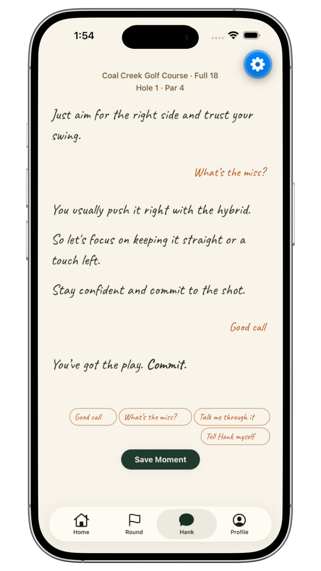 A smartphone screen displaying a golf coaching app with writing tips for a golf swing, navigation icons at the bottom, and a settings gear icon at the top right.