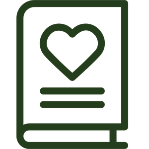 Outline of a book with a heart symbol on the cover.