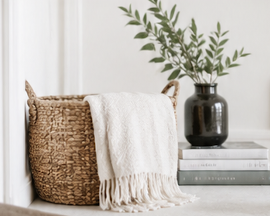 Wicker basket with a white throw blanket, a white book, and a black vase with green leaves on top of a stack of books.