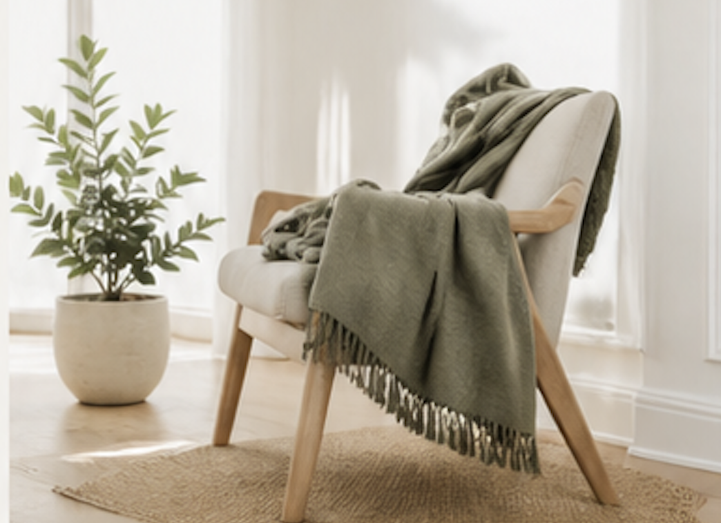 A cozy living room corner with a beige armchair draped with a green blanket and a potted plant nearby.