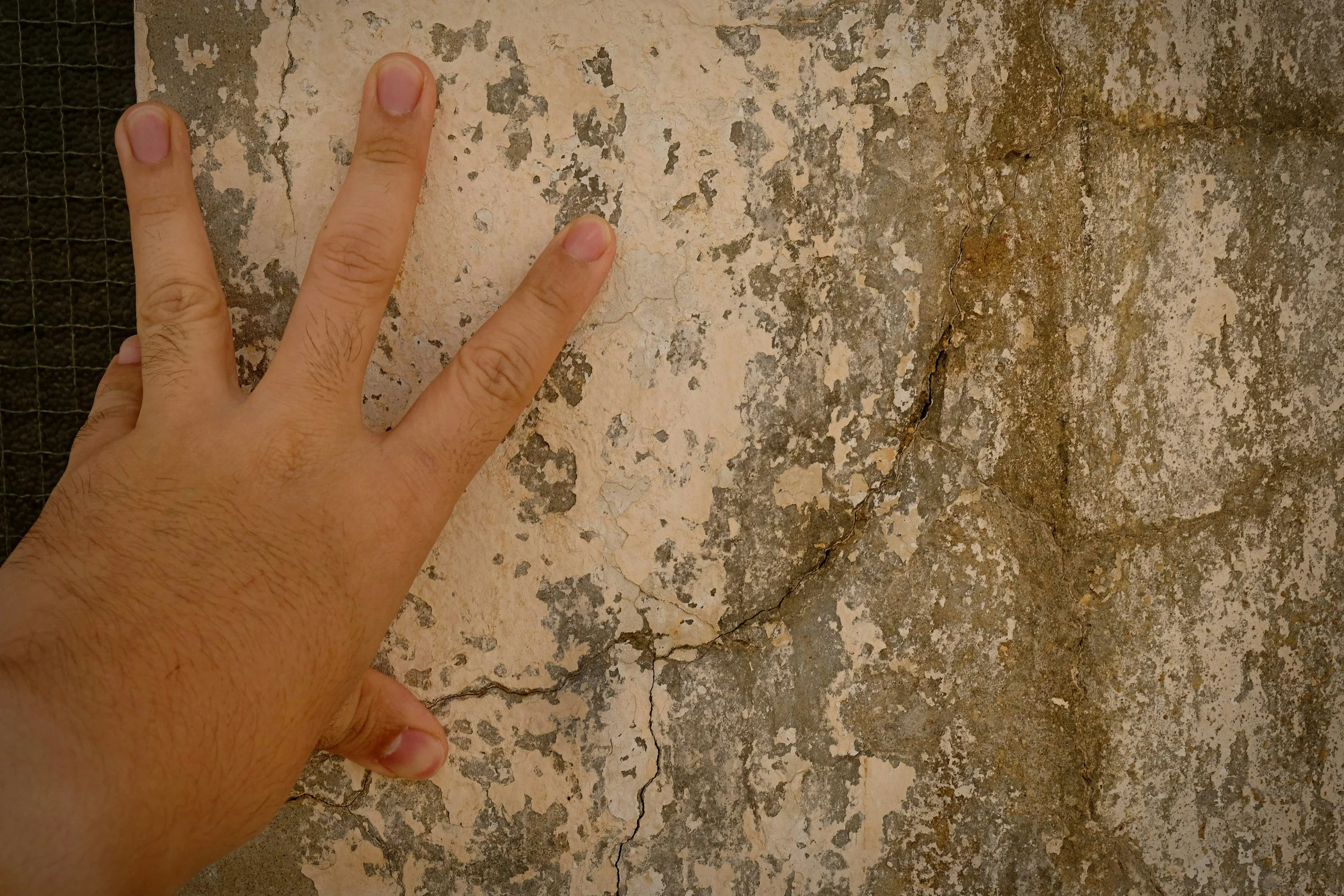 A person's hand with three fingers extended touches a weathered, cracked wall with peeling paint.