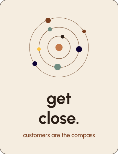 Diagram of items orbiting a center with the message 'get close. customers are the compass'.