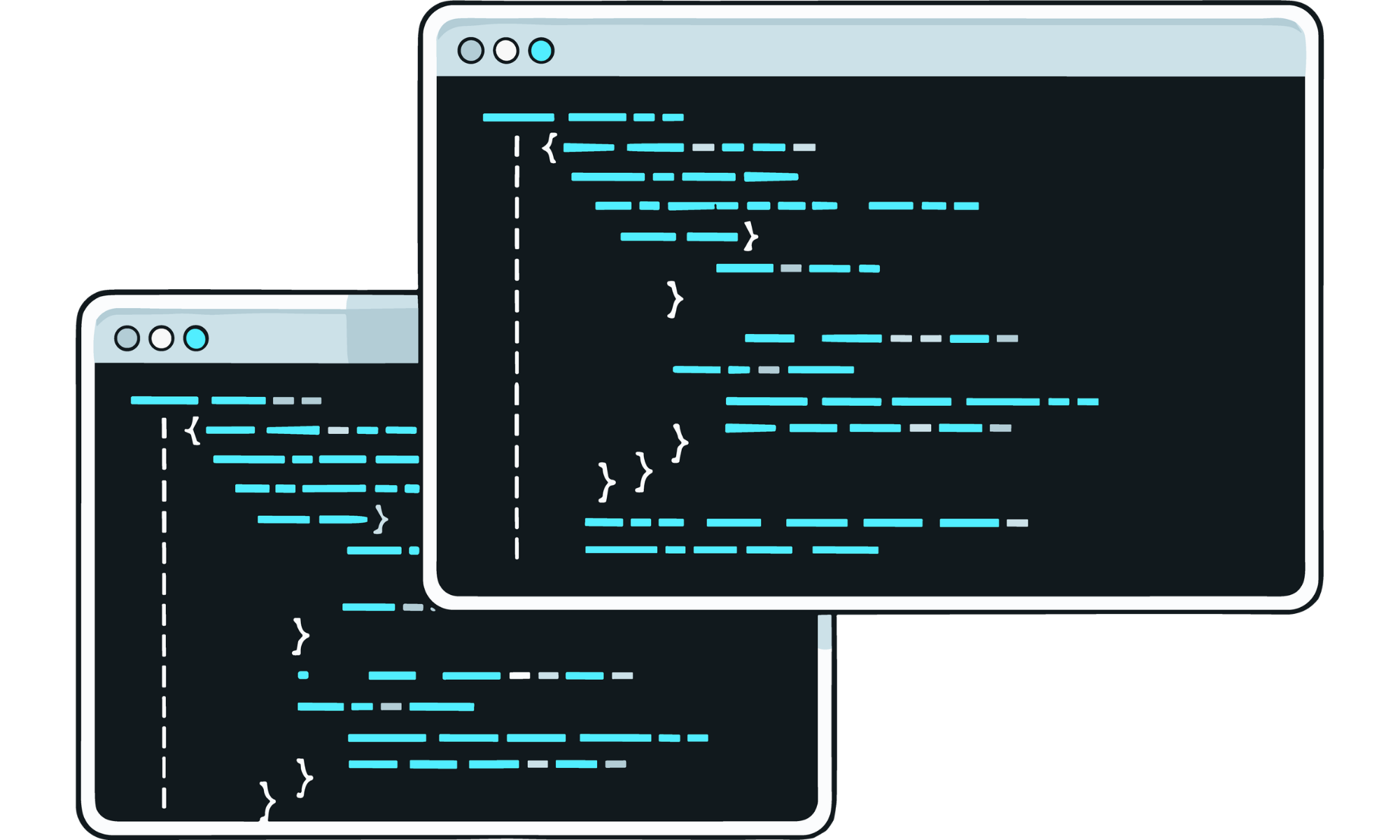 Two computer screens showing lines of computer code with syntax highlighting in a dark theme, with one screen overlapping the other.