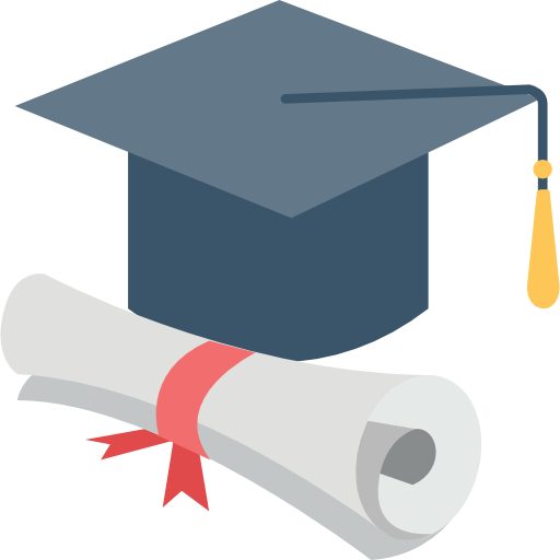 Graduation cap and diploma with red ribbon.