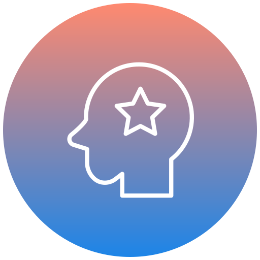 Outline of a human head with a star inside, on a circular gradient background transitioning from pink at the top to blue at the bottom.