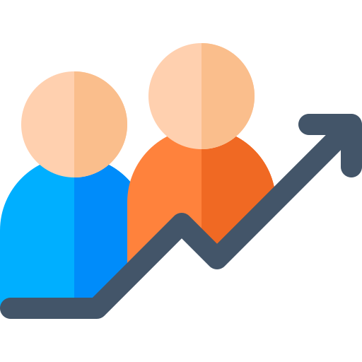Two abstract human figures, one in blue and one in orange, with an upward trending arrow indicating growth or progress.