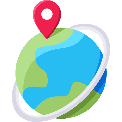 A globe with a red location pin on the top, indicating a specific place on Earth.