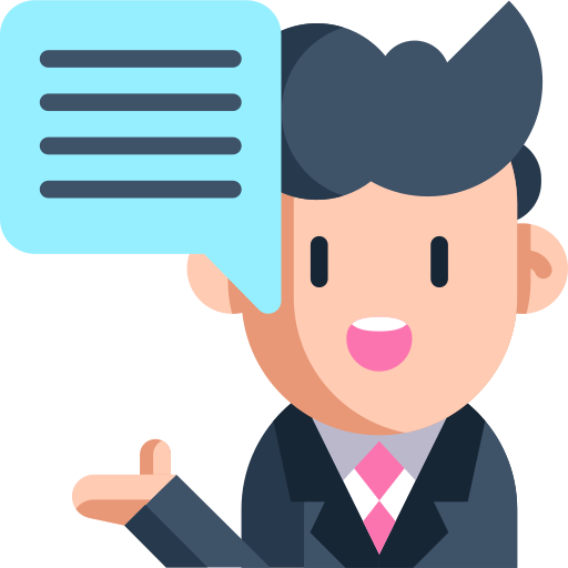 Cartoon of a man with dark hair and a suit, speaking with a speech bubble.
