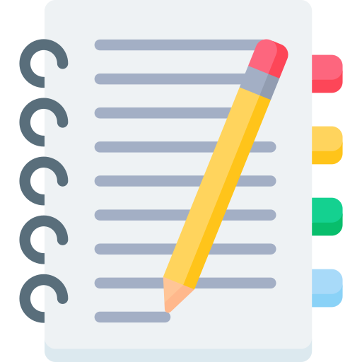 A notebook with lined pages, a yellow pencil with a pink eraser, and four colored tabs on the right side (red, yellow, green, blue).