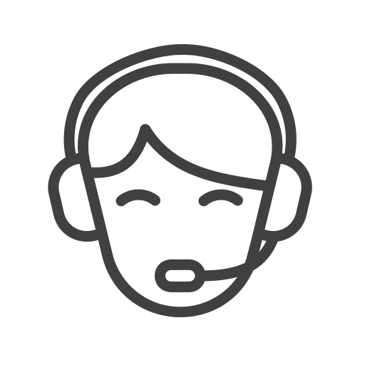 Line drawing of a woman with short hair, smiling with eyes closed, wearing a headset.