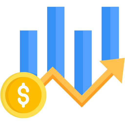 A bar graph with an upward trending arrow, a dollar coin icon indicating financial growth or profit.