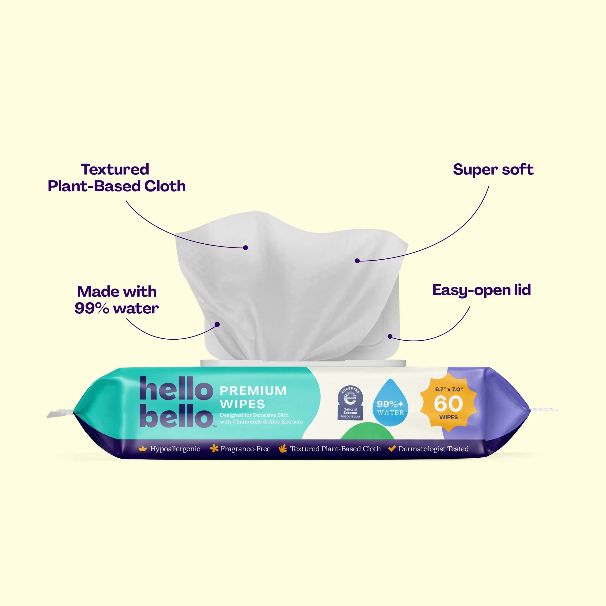 Package of hello bello premium wipes with features highlighted: textured plant-based cloth, made with 99% water, super soft, easy-open lid.