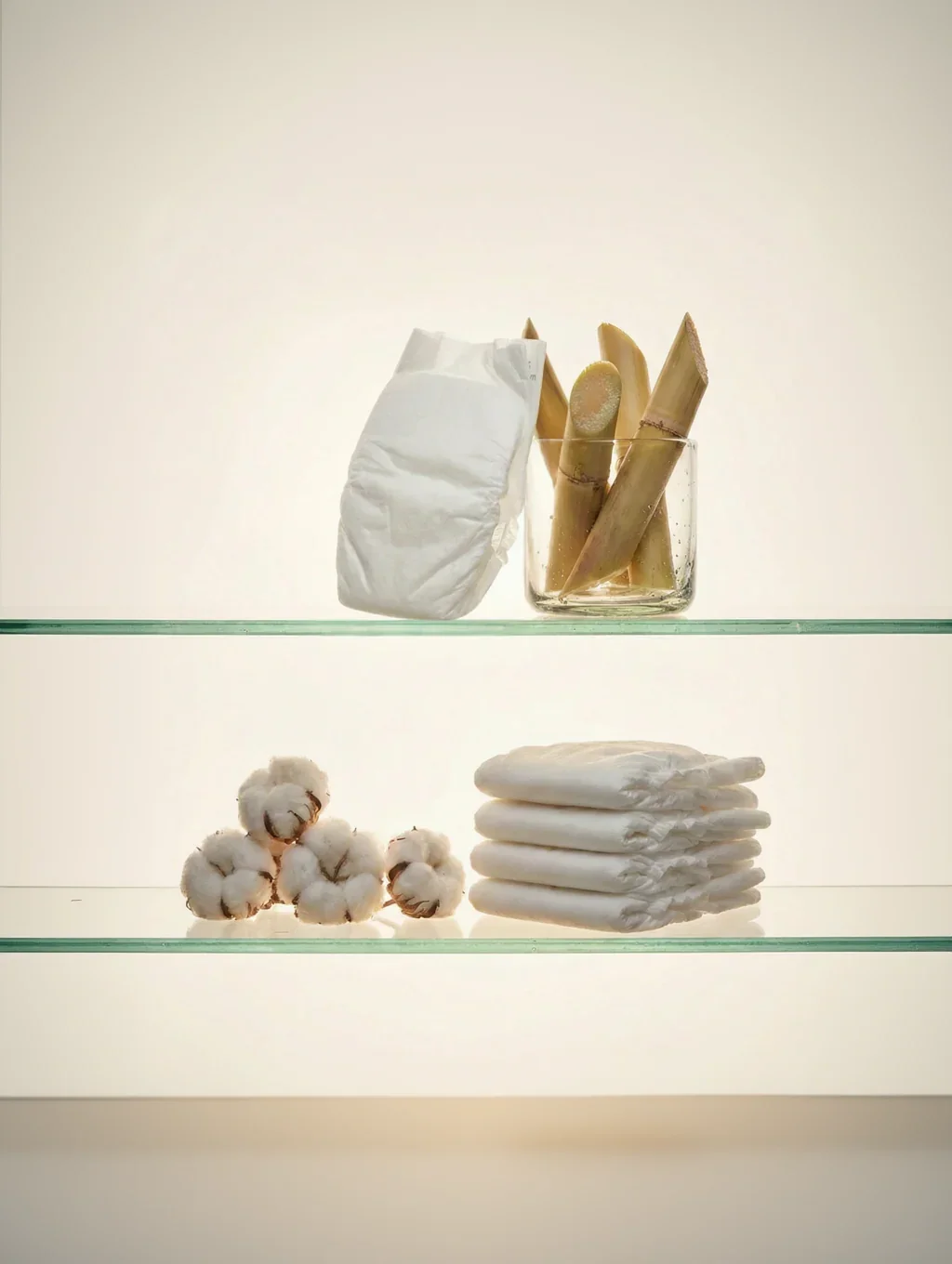 A glass shelf displays hygiene products including a white diaper, a glass jar with bamboo toothbrushes, a stack of cotton swabs, and a pile of folded white tissue papers.