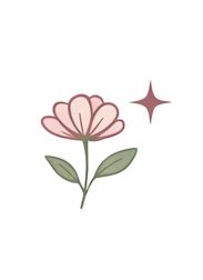 Simple illustration of a pink flower with green leaves and a starburst sparkle