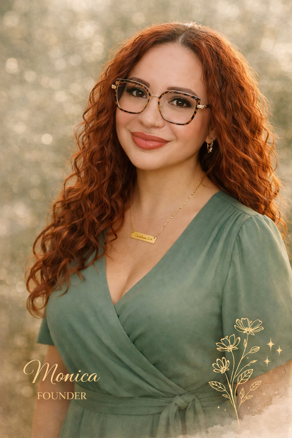 A woman with long curly red hair, glasses with a tortoiseshell frame, and wearing a green dress stands outdoors with blurred background of trees. She has a gold necklace with a nameplate, earrings, and a nose piercing, and is smiling.