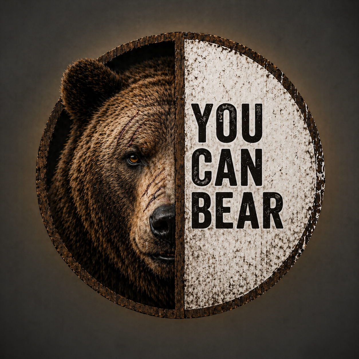 Een gesplitst beeld met een berenkop aan de linkerkant en een ronde bord aan de rechterkant met de tekst 'YOU CAN BEAR'