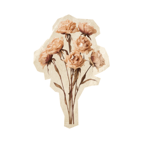 A watercolor painting of a bouquet of beige and pink roses with brown stems.
