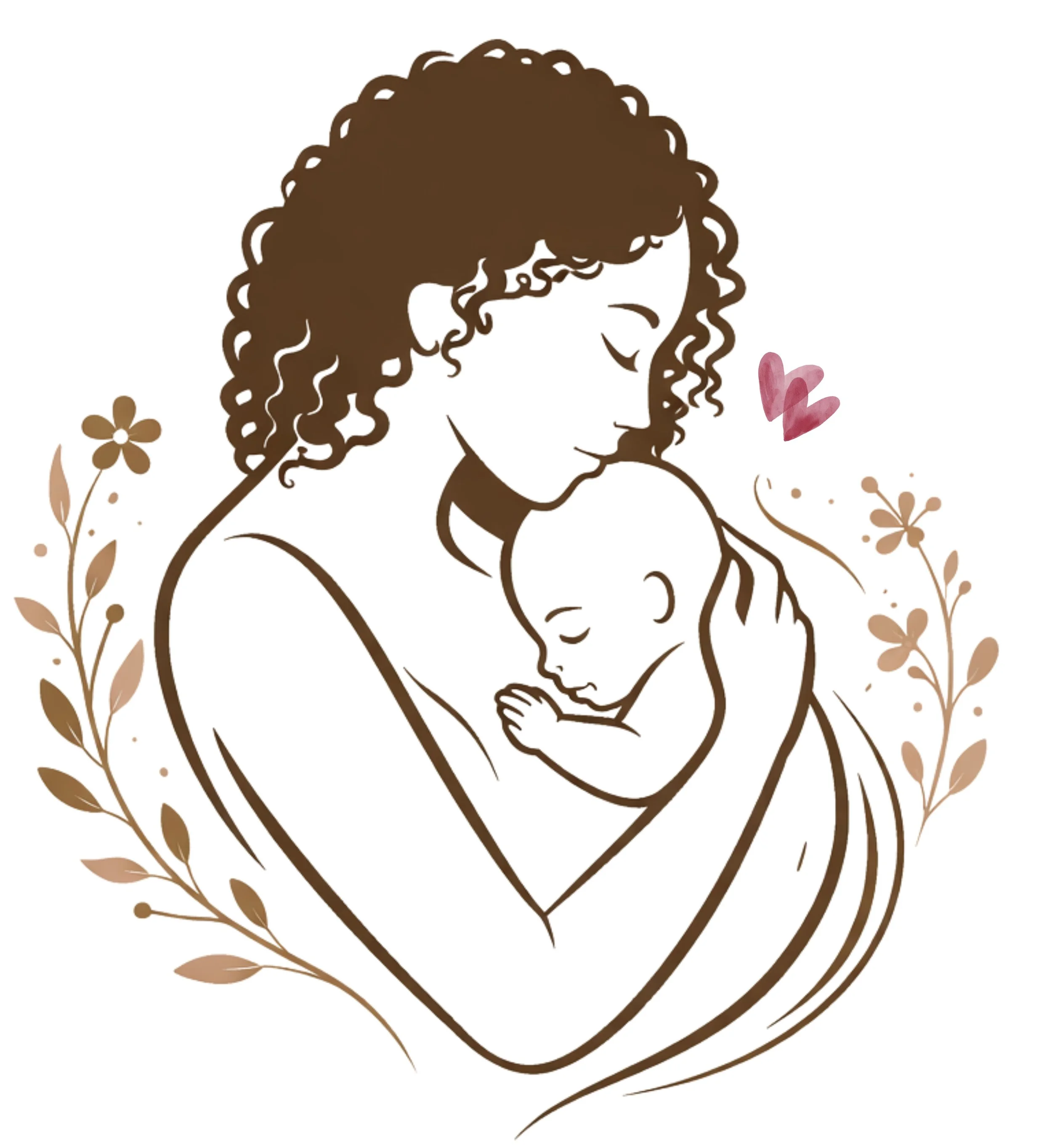 Line drawing of a woman holding a sleeping baby close, surrounded by flowers and pink hearts.